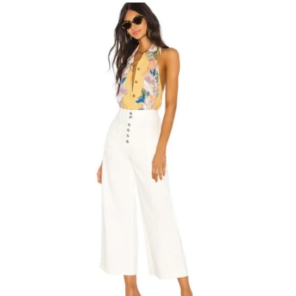 Free People Yellow Halter Bodysuit Tank Small Floral Halter Bodysuit Top size M